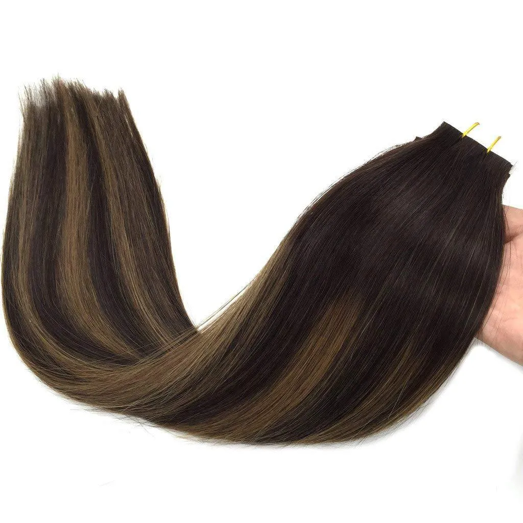 Ombre Dark Brown to Chestnut Brown Balayage 20pcs 50g Straight Tape in Hair Extensions