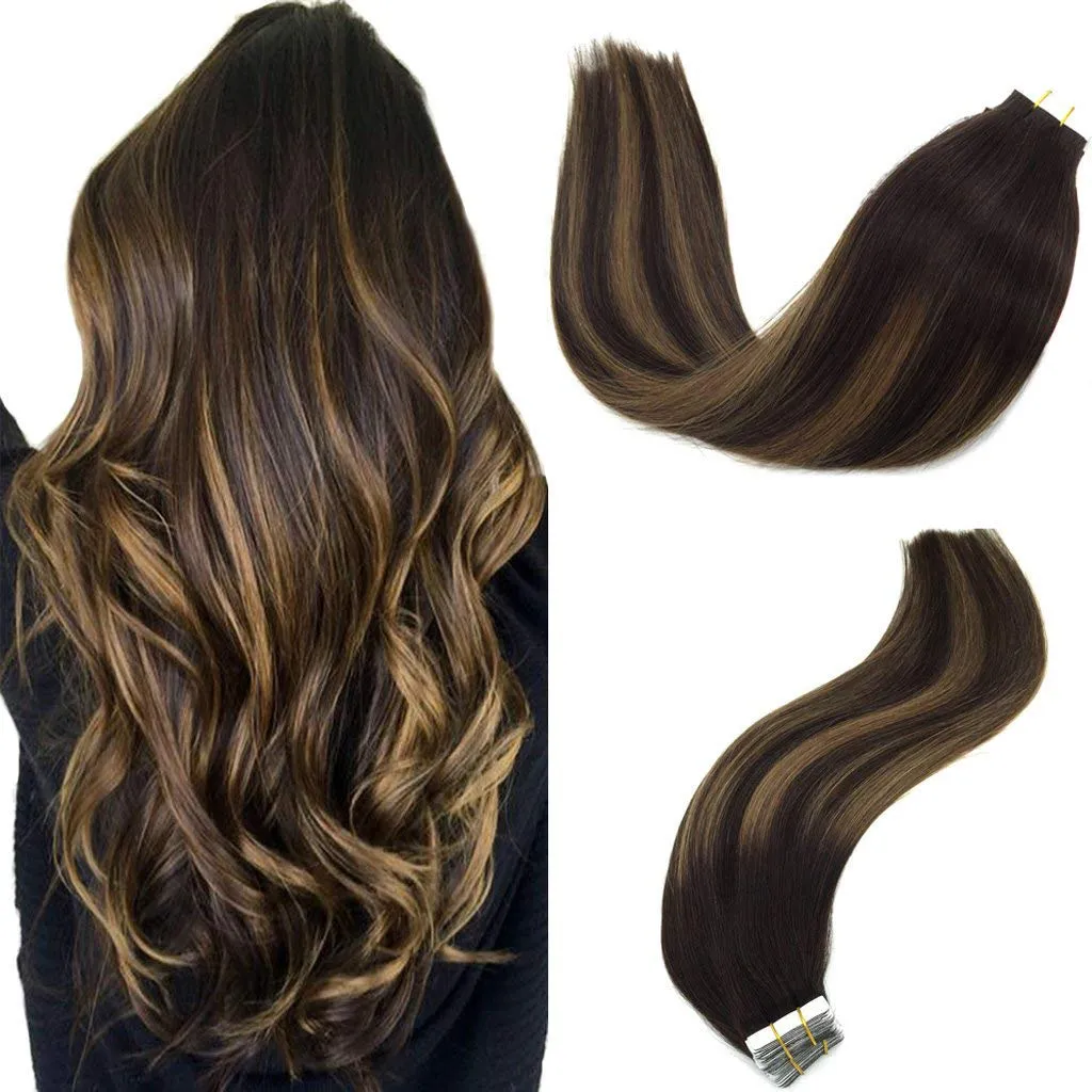 Ombre Dark Brown to Chestnut Brown Balayage 20pcs 50g Straight Tape in Hair Extensions