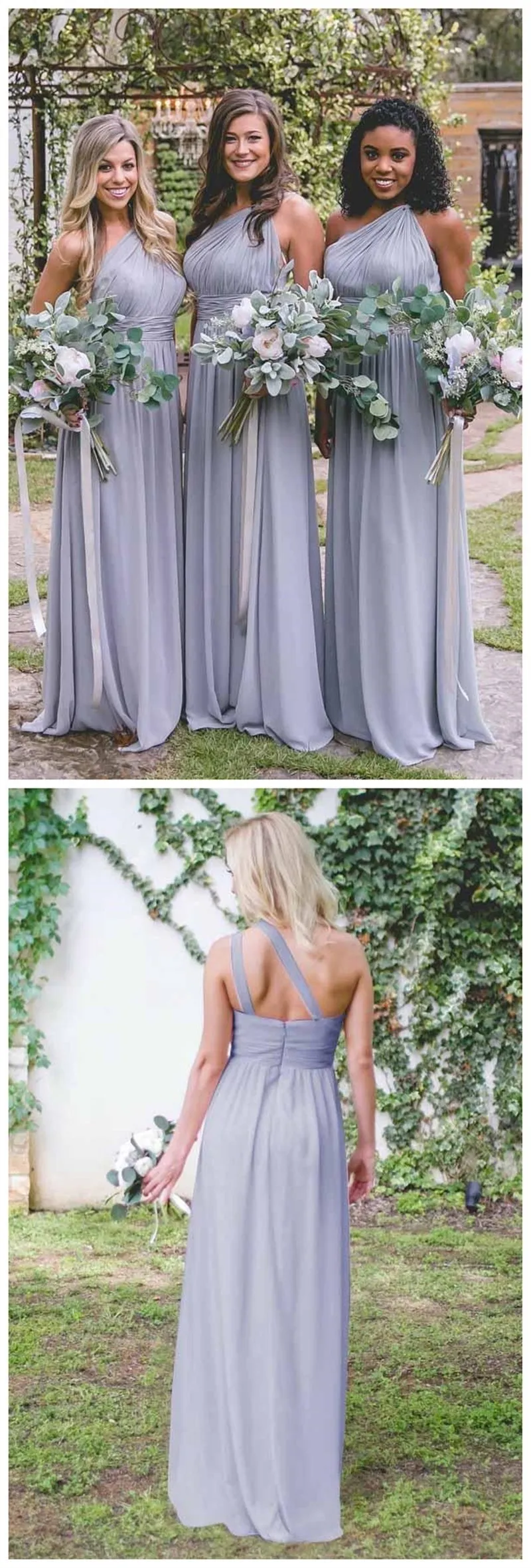 One Shoulder Dusty Blue Long Chiffon Cheap Bridesmaid Dresses Online, WGY0304