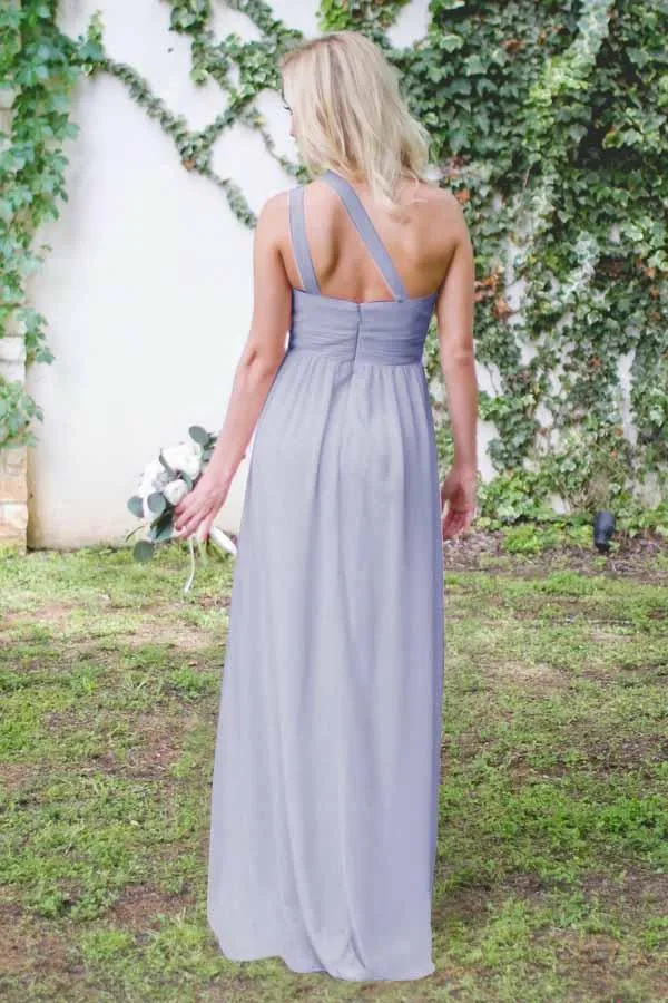 One Shoulder Dusty Blue Long Chiffon Cheap Bridesmaid Dresses Online, WGY0304