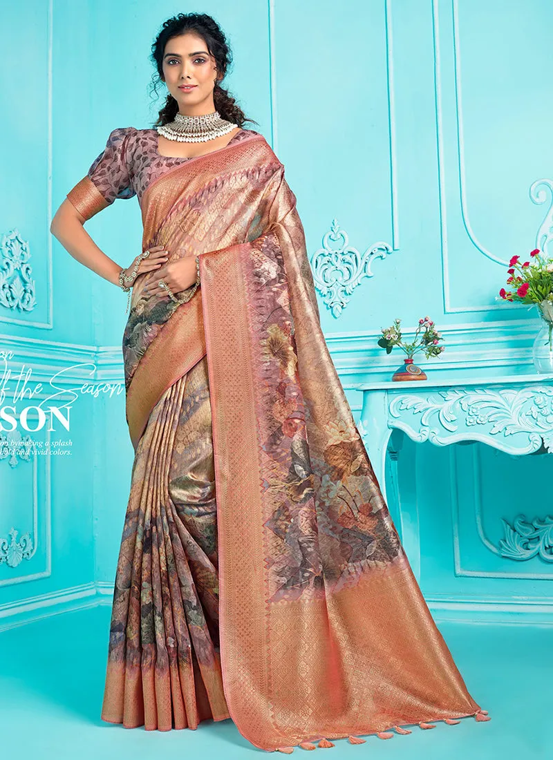 Orange Floral Digital Printed Organza Silk Saree