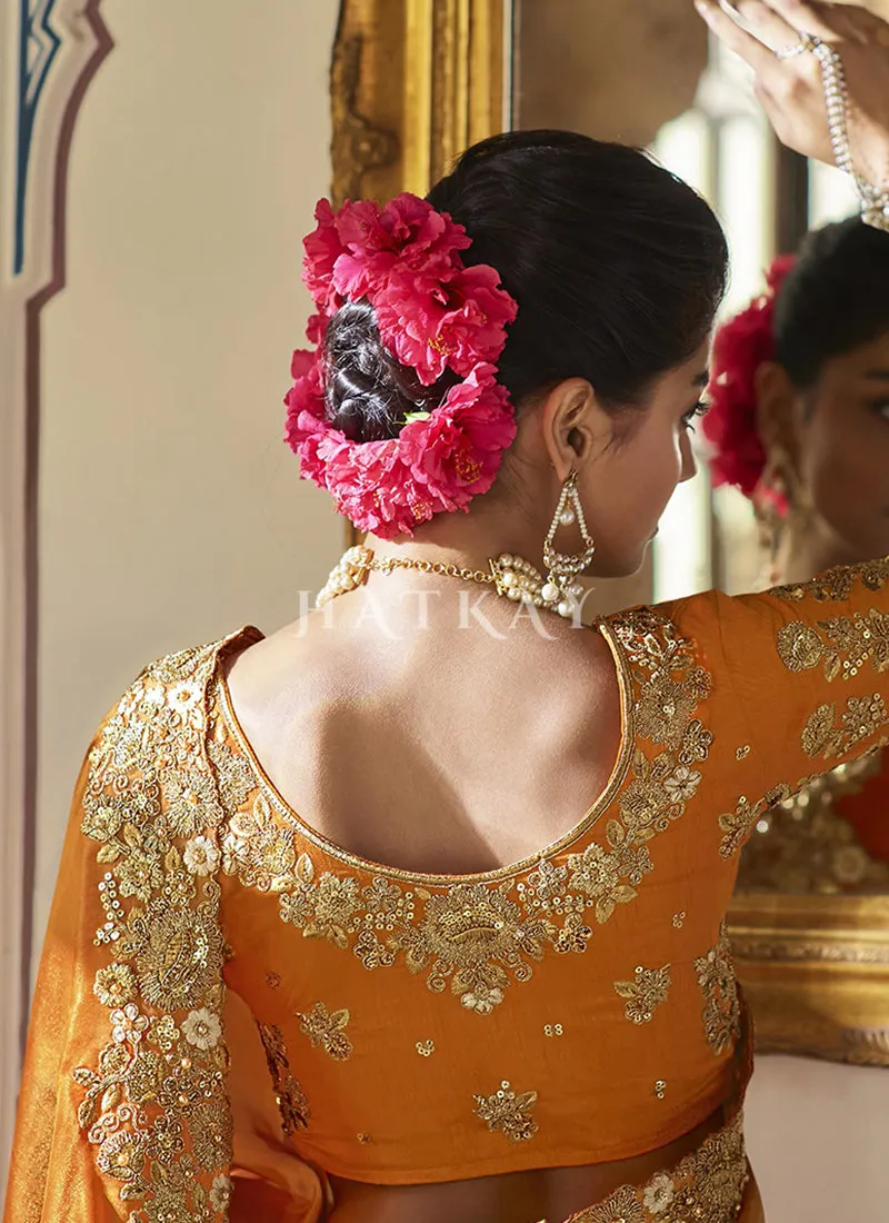 Orange Multi Embroidered Traditional Saree