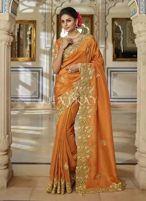 Orange Multi Embroidered Traditional Saree