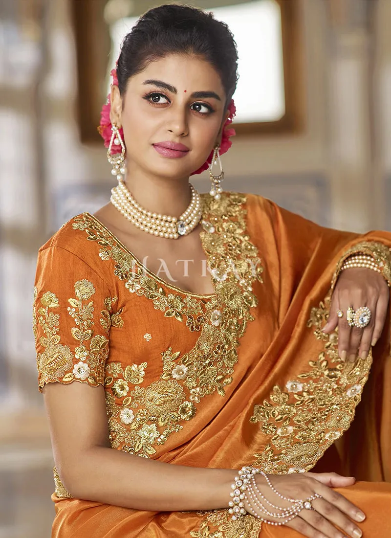 Orange Multi Embroidered Traditional Saree