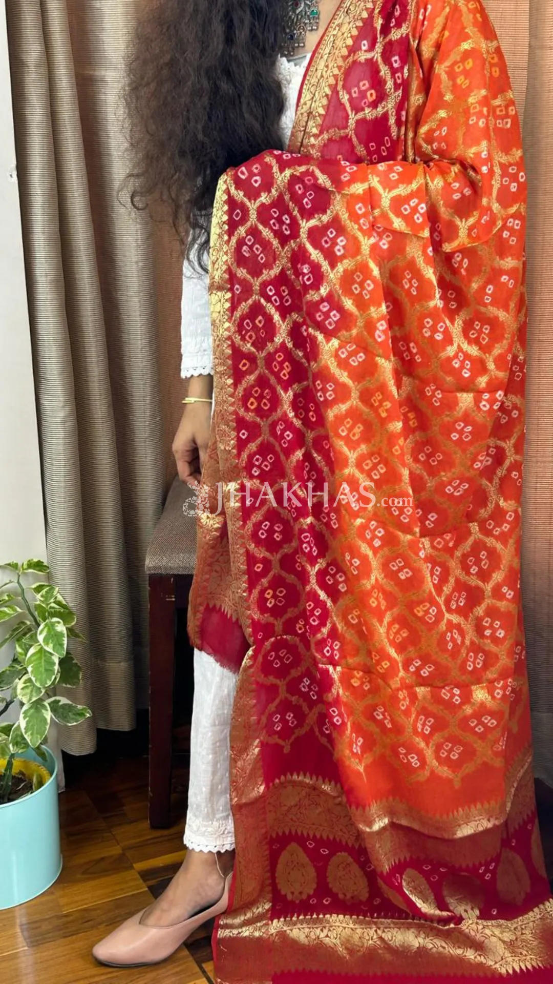 Orange Red Banarasi Ghatchola Georgette Dupatta