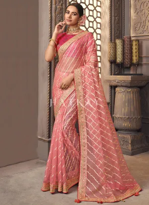 Peach And Red Zari Embroidery Organza Silk Saree