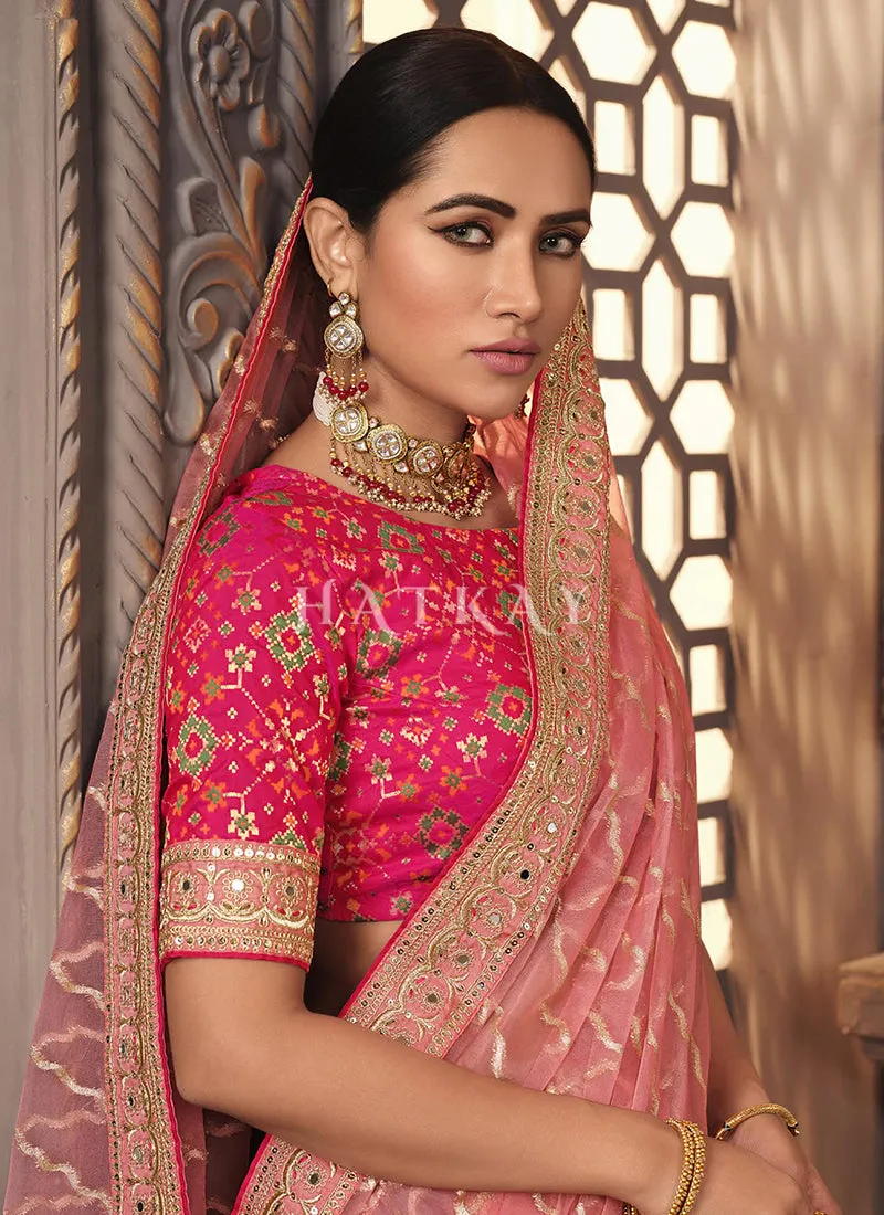 Peach And Red Zari Embroidery Organza Silk Saree
