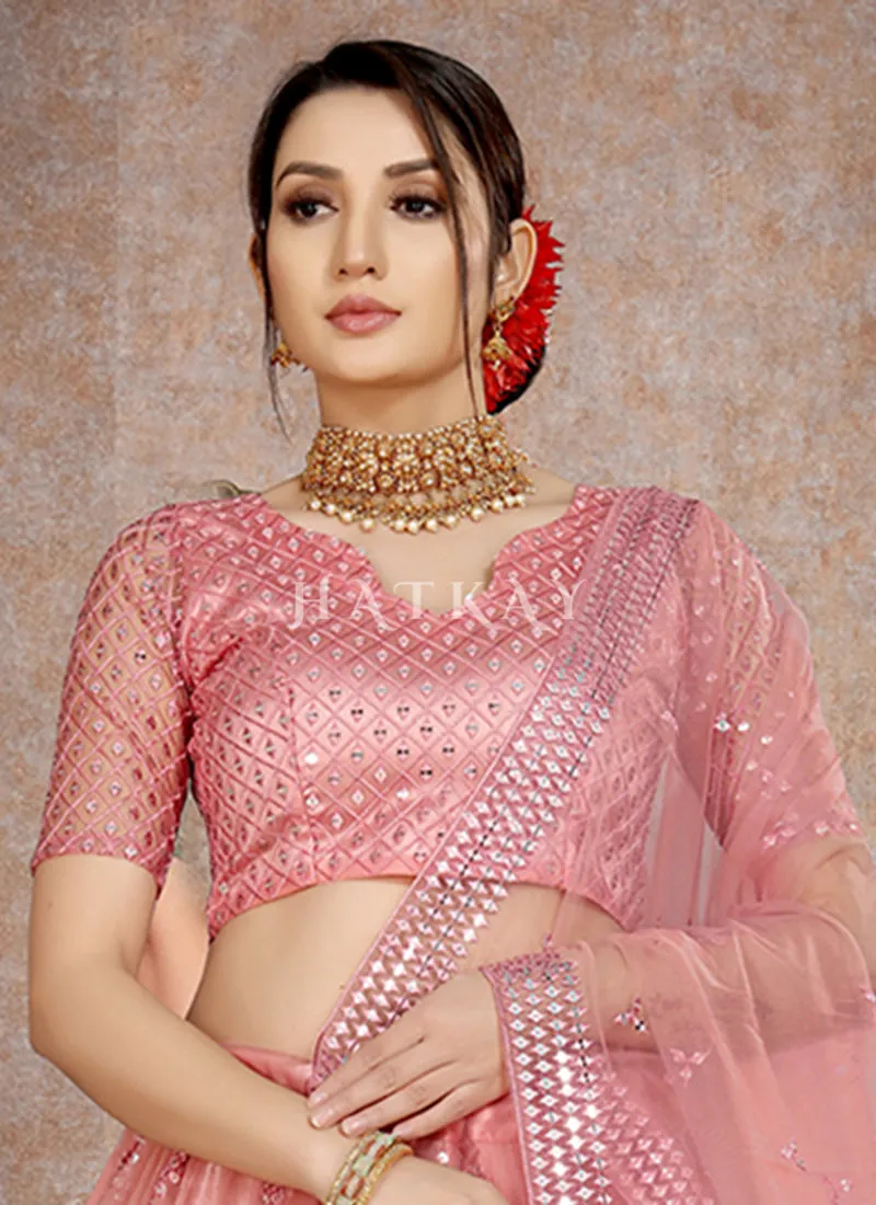 Peach Mirror Work Embroidery Net Lehenga Choli