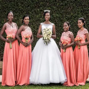 Peach Mismatched Lace Bodice Long Chiffon Cheap Bridesmaid Dresses Online, WGY0315