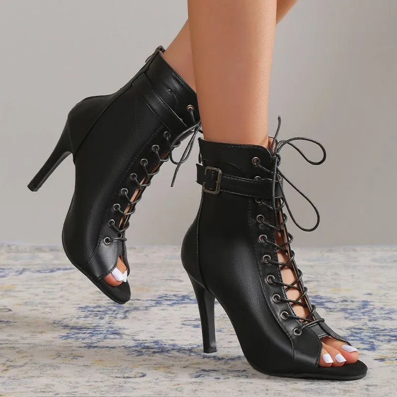 Peep Toe Lace-up Buckle Back Zipper Heels