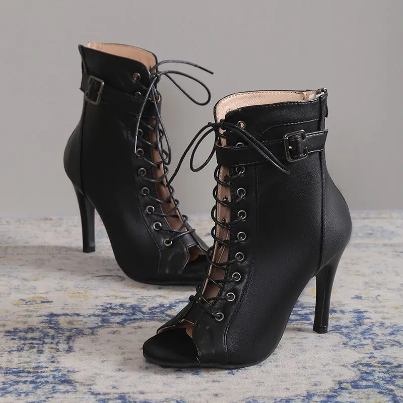 Peep Toe Lace-up Buckle Back Zipper Heels