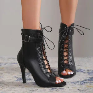 Peep Toe Lace-up Buckle Back Zipper Heels