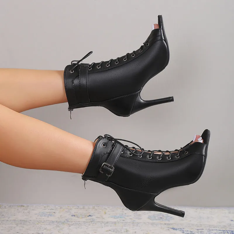 Peep Toe Lace-up Buckle Back Zipper Heels