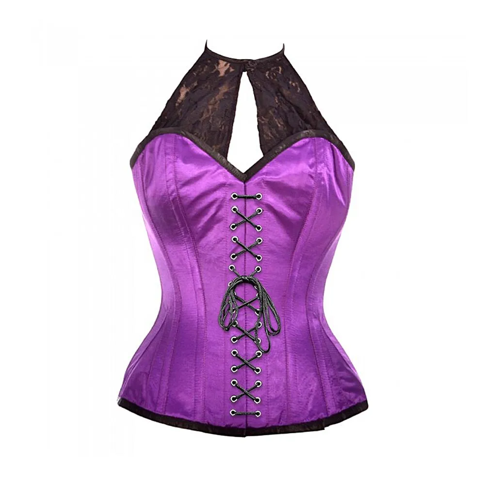 Perry Purple Satin Corset with Lace Halterneck
