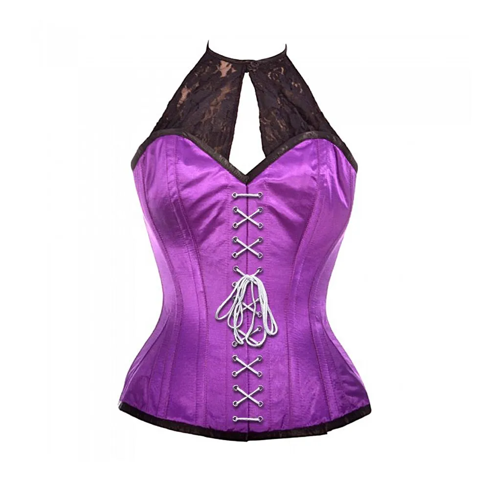 Perry Purple Satin Corset with Lace Halterneck