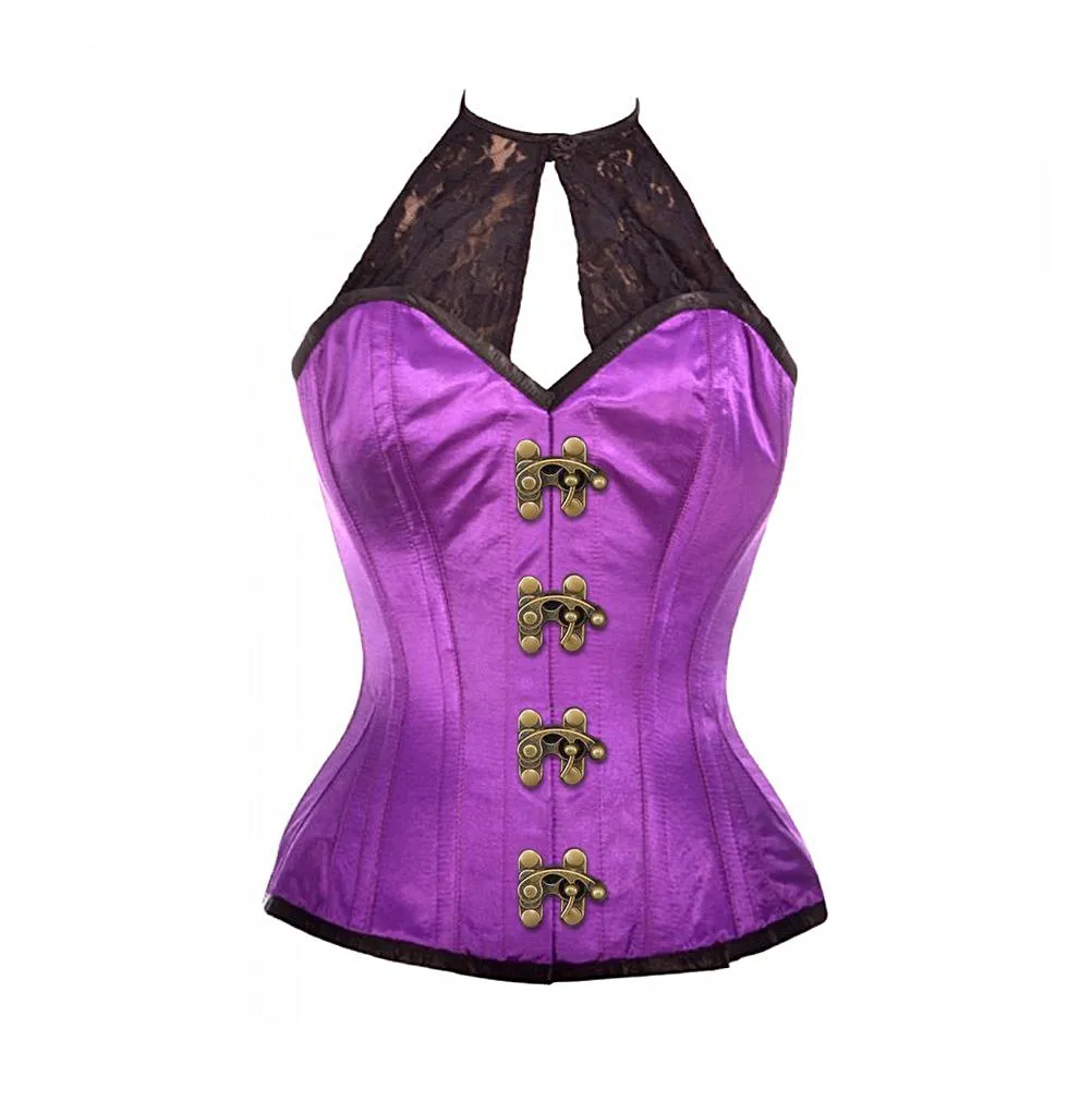Perry Purple Satin Corset with Lace Halterneck