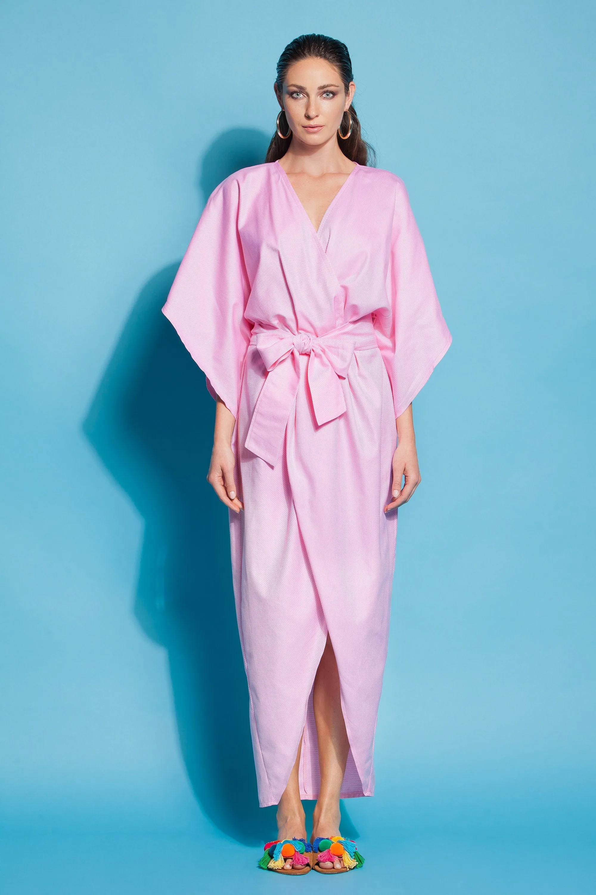 Pink Kimono Dress, Wrap Dress, Cotton Kimono Dress, Plus Size Clothing, Belt Dress, Wide Sleeve Dress, Plus Size Dress, Long Boho Dress