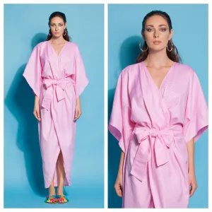 Pink Kimono Dress, Wrap Dress, Cotton Kimono Dress, Plus Size Clothing, Belt Dress, Wide Sleeve Dress, Plus Size Dress, Long Boho Dress