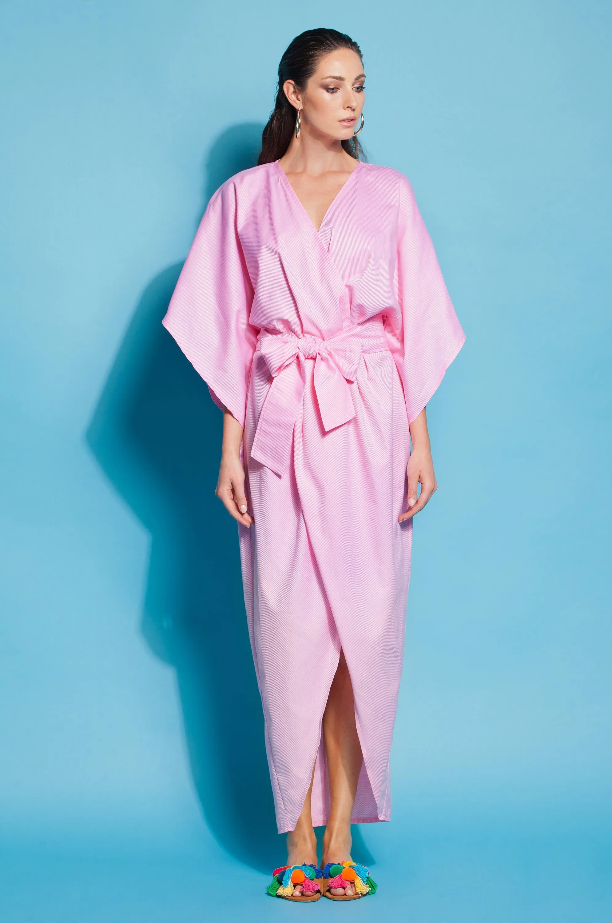 Pink Kimono Dress, Wrap Dress, Cotton Kimono Dress, Plus Size Clothing, Belt Dress, Wide Sleeve Dress, Plus Size Dress, Long Boho Dress