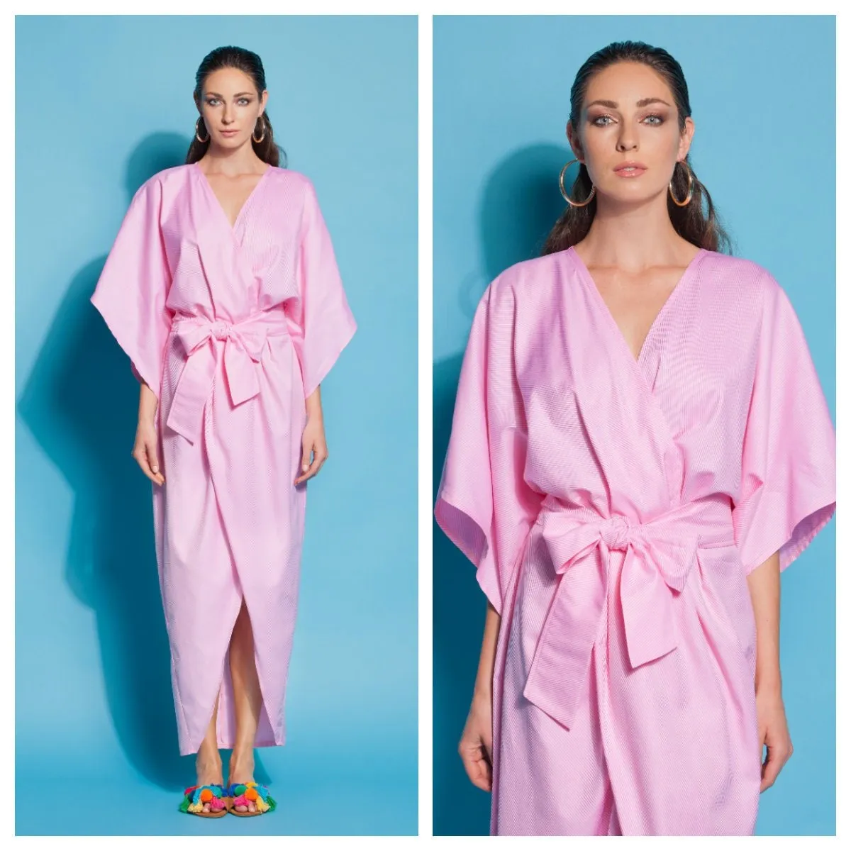 Pink Kimono Dress, Wrap Dress, Cotton Kimono Dress, Plus Size Clothing, Belt Dress, Wide Sleeve Dress, Plus Size Dress, Long Boho Dress