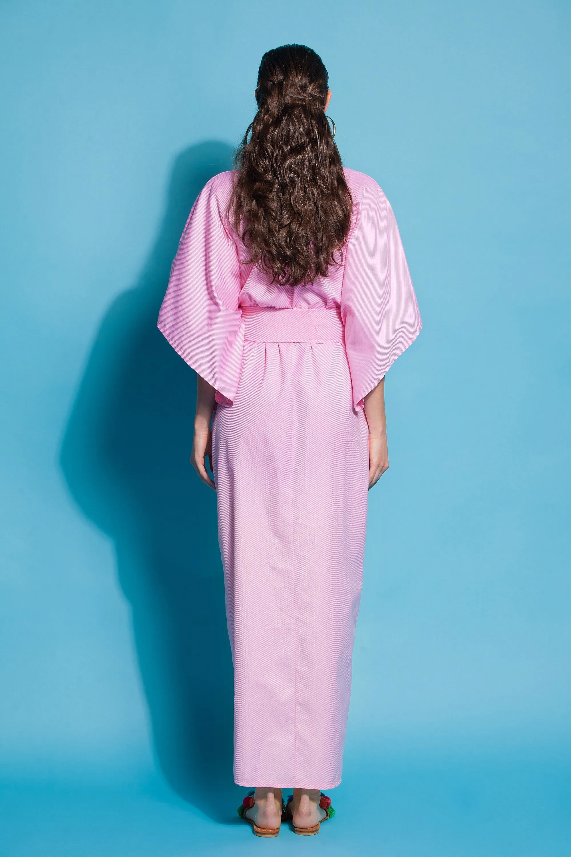 Pink Kimono Dress, Wrap Dress, Cotton Kimono Dress, Plus Size Clothing, Belt Dress, Wide Sleeve Dress, Plus Size Dress, Long Boho Dress