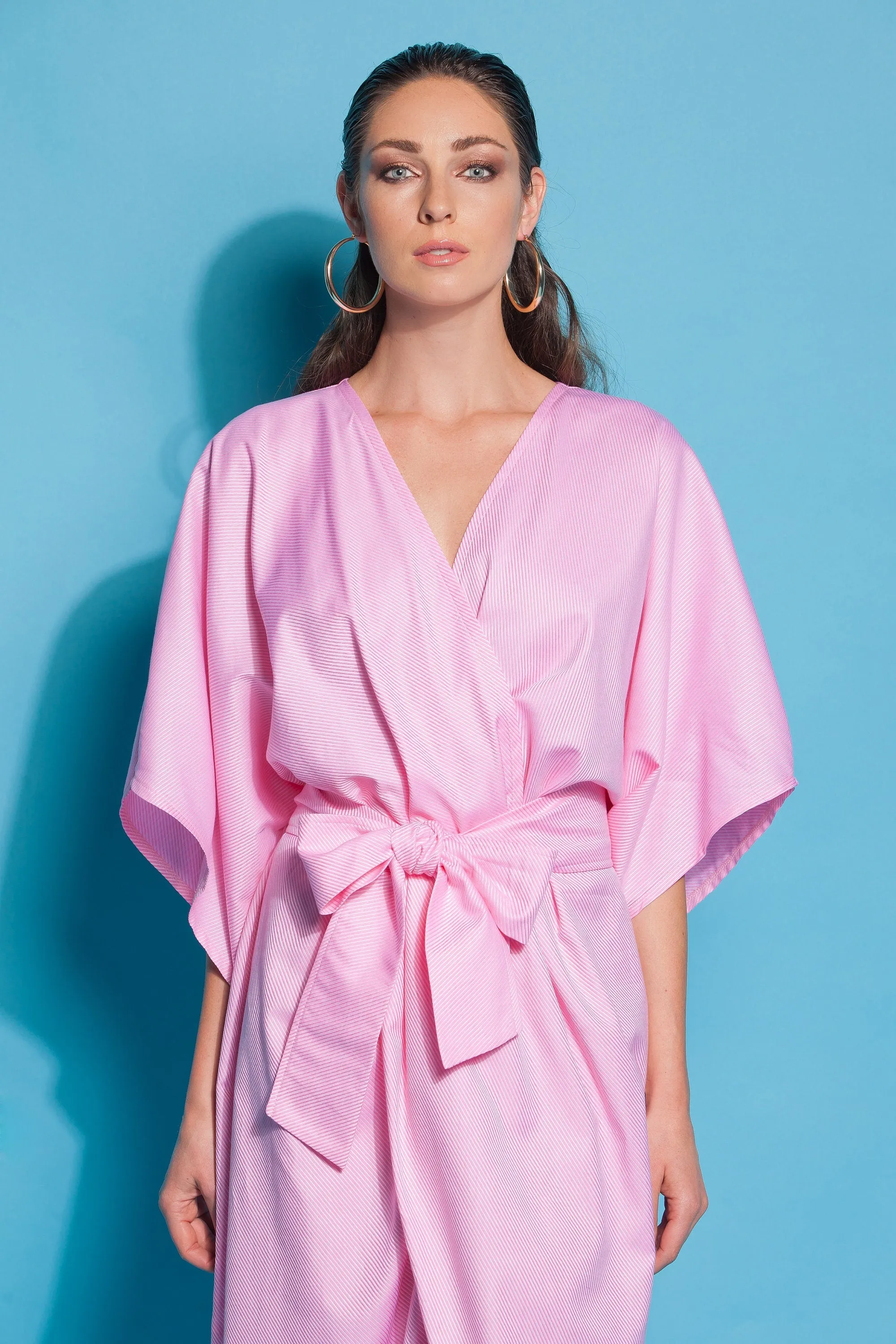 Pink Kimono Dress, Wrap Dress, Cotton Kimono Dress, Plus Size Clothing, Belt Dress, Wide Sleeve Dress, Plus Size Dress, Long Boho Dress