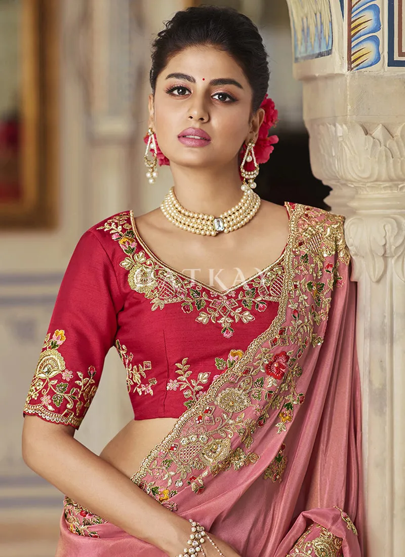 Pink Multi Embroidered Traditional Saree