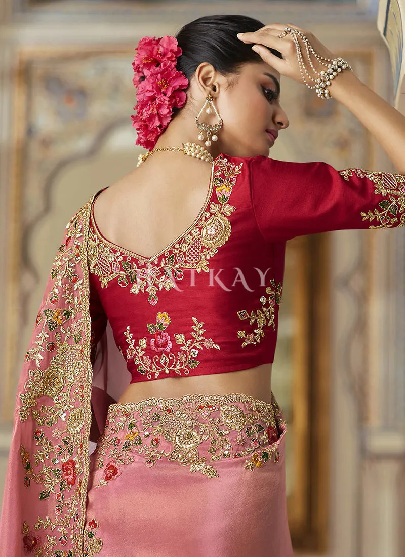 Pink Multi Embroidered Traditional Saree