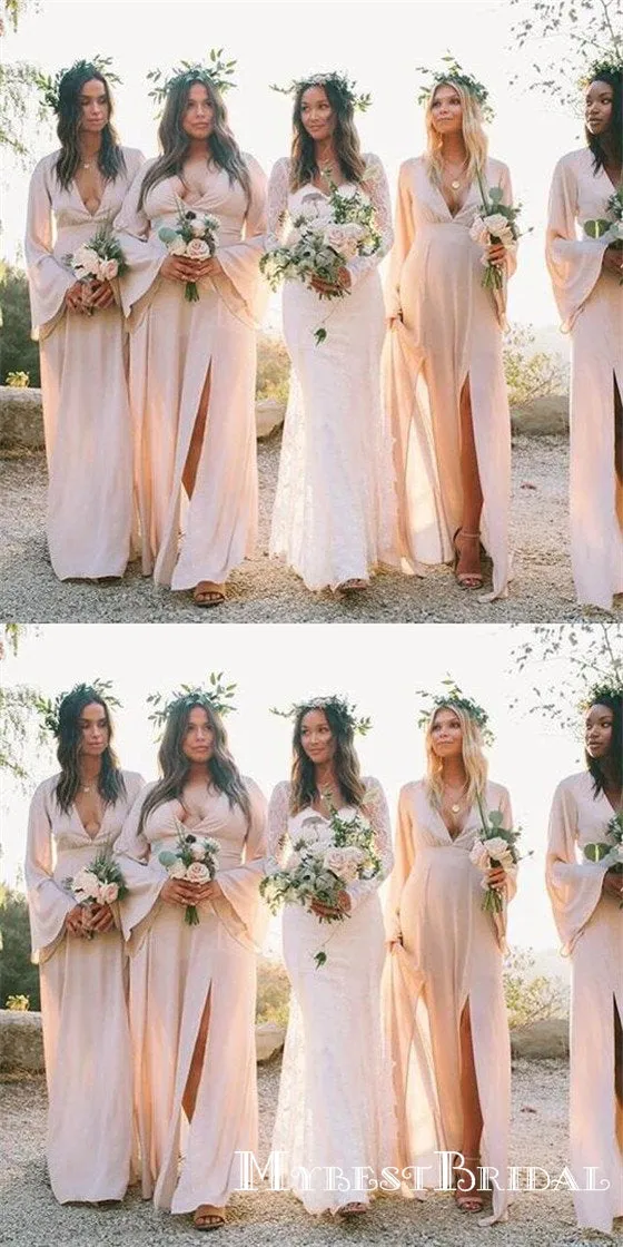Pink V Neck Long Sleeves Side Slit Chiffon Cheap Bridesmaid Dresses, TYP0008