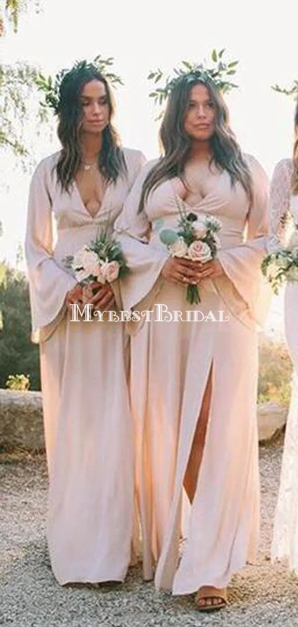 Pink V Neck Long Sleeves Side Slit Chiffon Cheap Bridesmaid Dresses, TYP0008