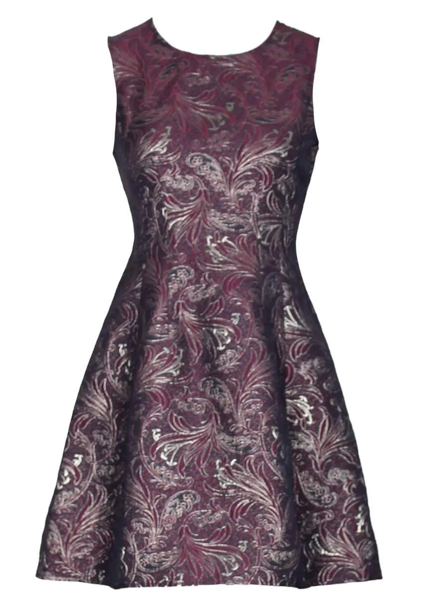 Plum Printed Metallic Skater Dress