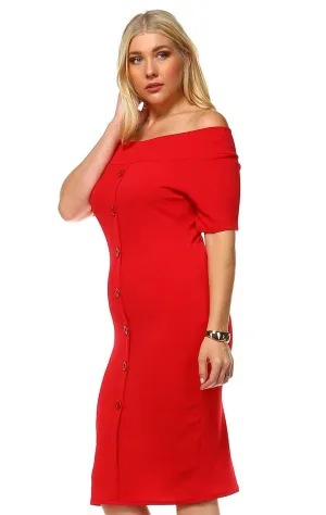 Plus Size Off Shoulder Bodycon Cocktail Dress Button Red