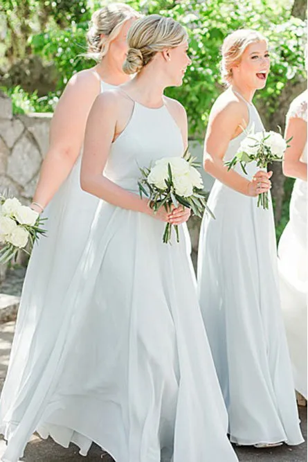 Popular A Line Round Neck Long Chiffon Light Blue Bridesmaid Dress with Ruched OHS149