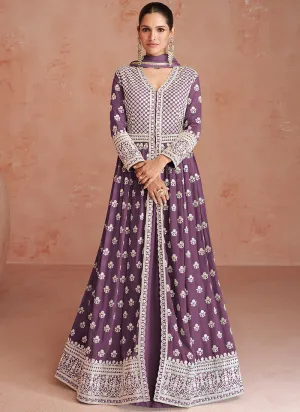 Purple Embroidery Slit Style Festive Anarkali Lehenga