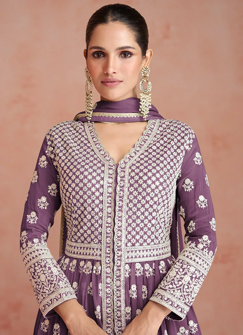 Purple Embroidery Slit Style Festive Anarkali Lehenga