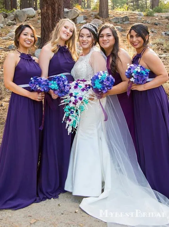 Purple Halter Sleeveless A Line Chiffon Long Cheap Bridesmaid Dresses, TYP0001