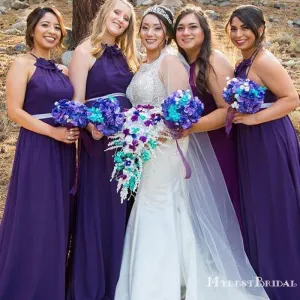 Purple Halter Sleeveless A Line Chiffon Long Cheap Bridesmaid Dresses, TYP0001