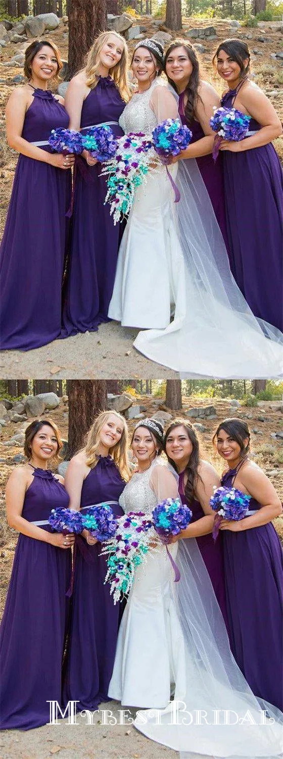Purple Halter Sleeveless A Line Chiffon Long Cheap Bridesmaid Dresses, TYP0001