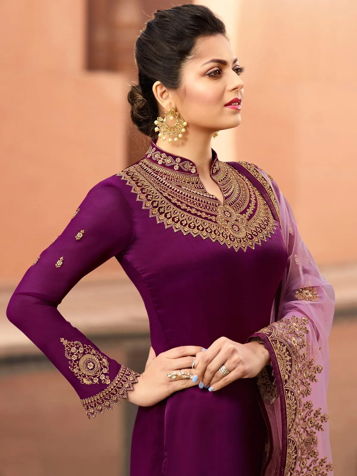 Purple In Combination Ethnic Embroidered Churidar Suit