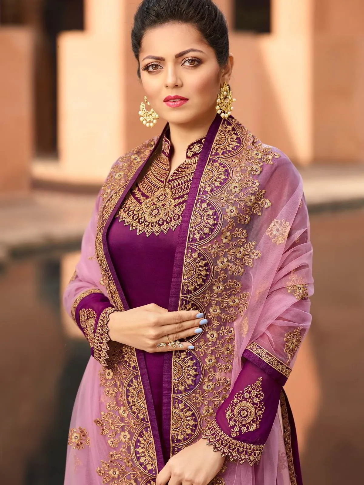 Purple In Combination Ethnic Embroidered Churidar Suit