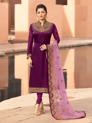 Purple In Combination Ethnic Embroidered Churidar Suit