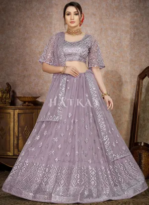 Purple Mirror Work Embroidery Net Lehenga Choli