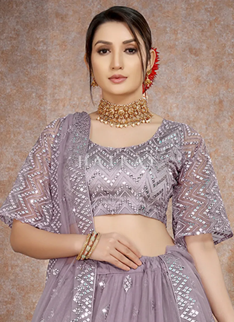 Purple Mirror Work Embroidery Net Lehenga Choli