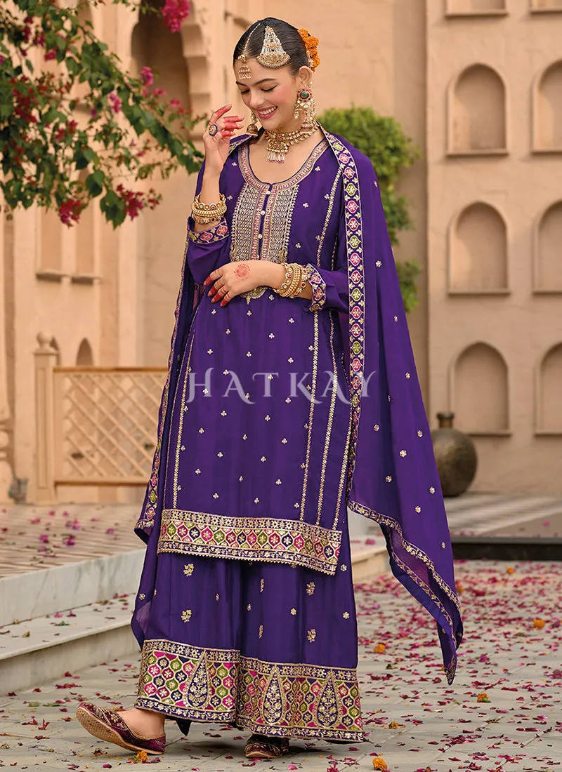 Purple Multi Embroidery Palazzo Suit