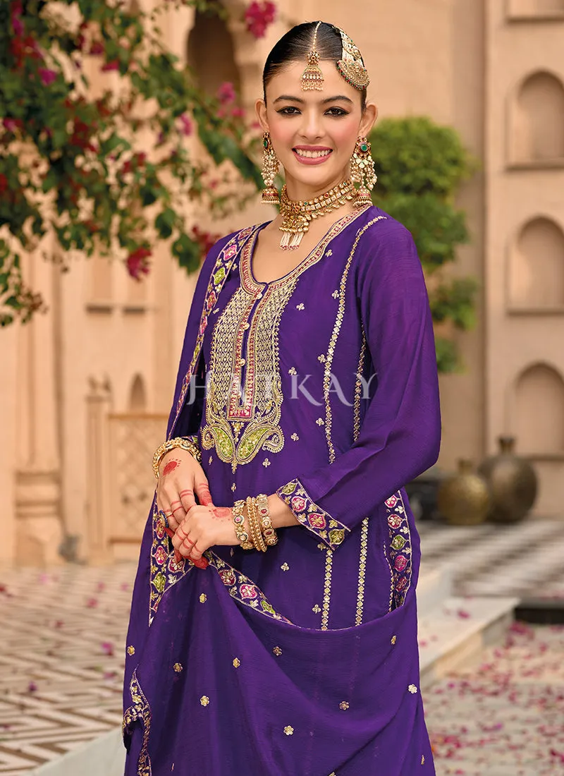 Purple Multi Embroidery Palazzo Suit
