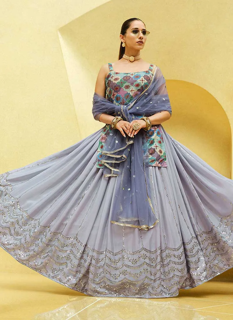 Purple Multicoloured Sequence Embroidery Lehenga Choli