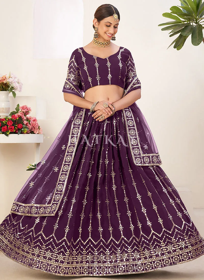 Purple Sequence Embroidery Georgette Lehenga Choli