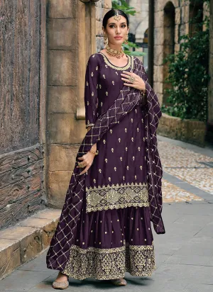 Purple Sequence Embroidery Traditional Sharara Suit