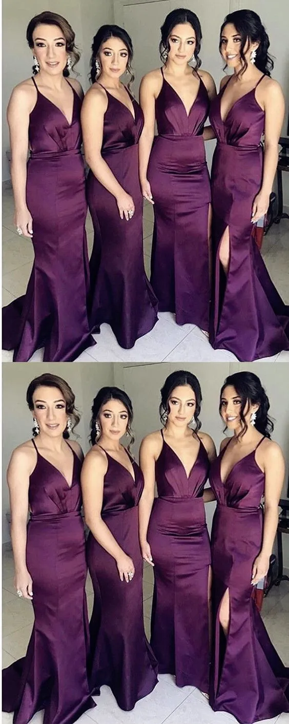 Purple Side Slit Mermaid Cheap Long Bridesmaid Dresses Online, WGY0316