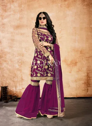 Purple Zari Embroidered Traditional Gharara Style Suit